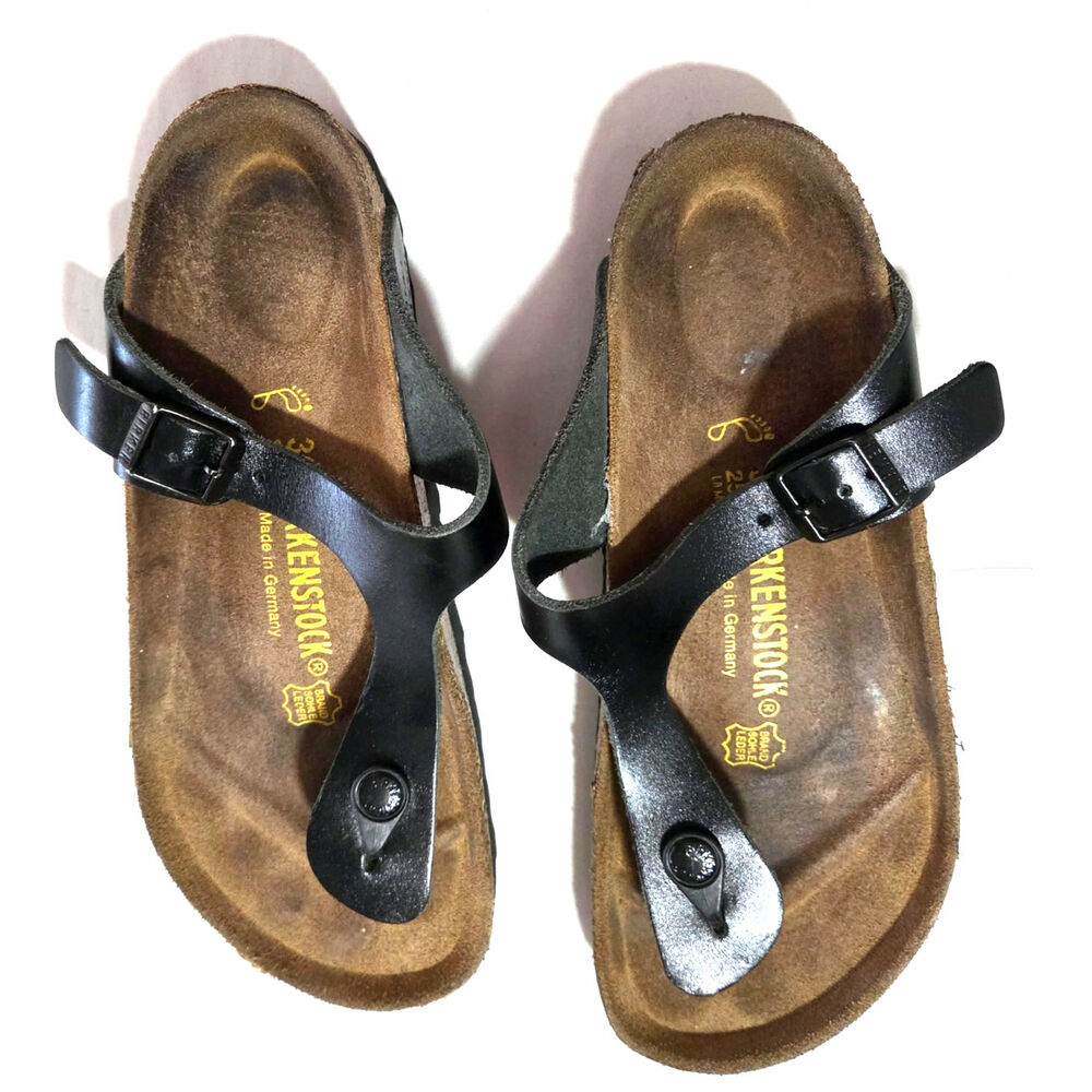 Vintage Birkenstock Gizeh T-Strap Leather Sole Black Germany Sandals EU 39 US 8